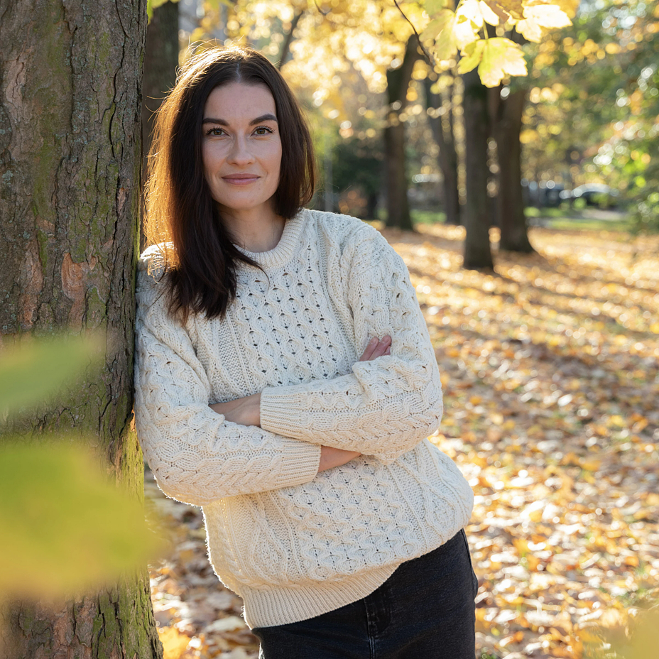 Pulover din lână de damă cu decolteu rotund natural